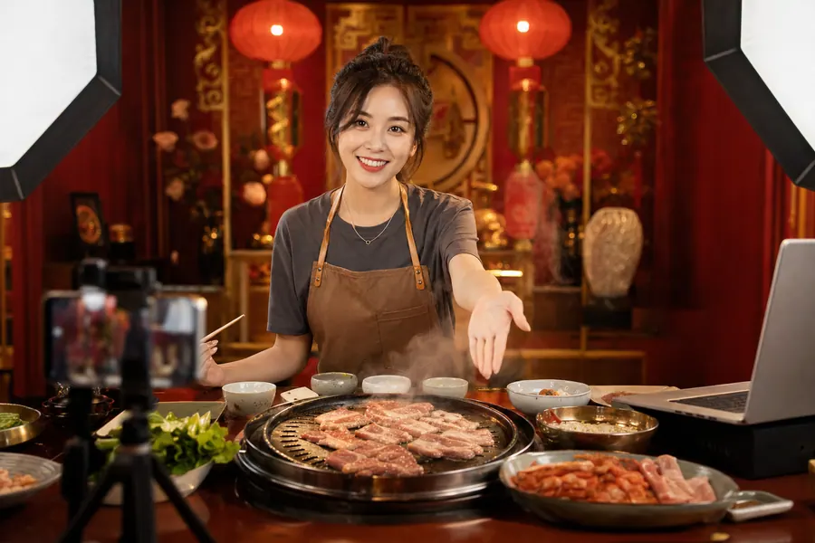 烤肉直播间整图样例 — 朱红描金、烟火气大场