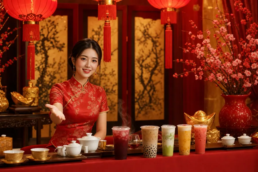 茶饮节日直播间整图样例 — 国潮红金灯笼挂顶